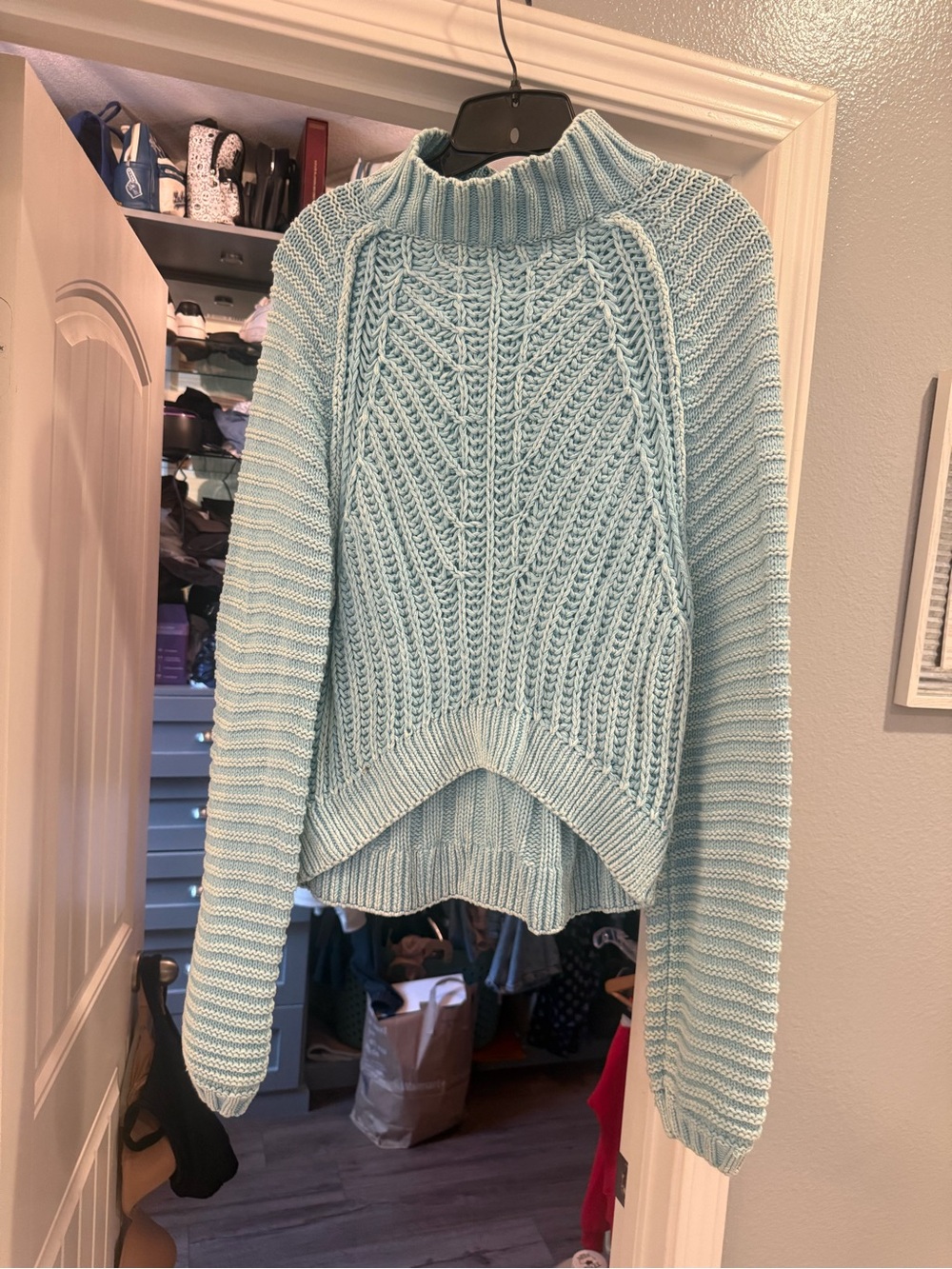 Free People light Blue Cable Knit Mock Neck Sweater
